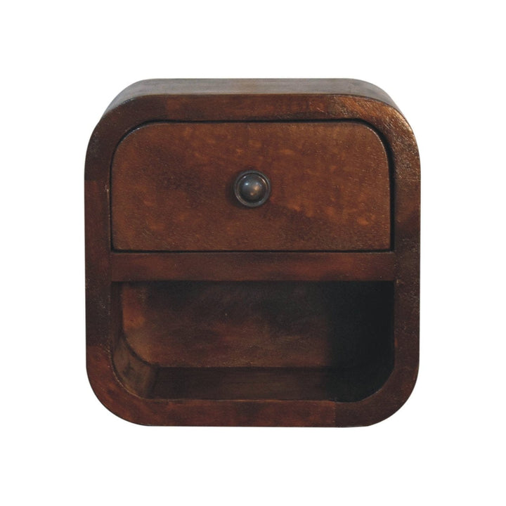 Handcrafted Extra Mini Curved Chestnut Floating Nightstand - Solid Mango Wood Bedside Table for Bedroom - product view 2...