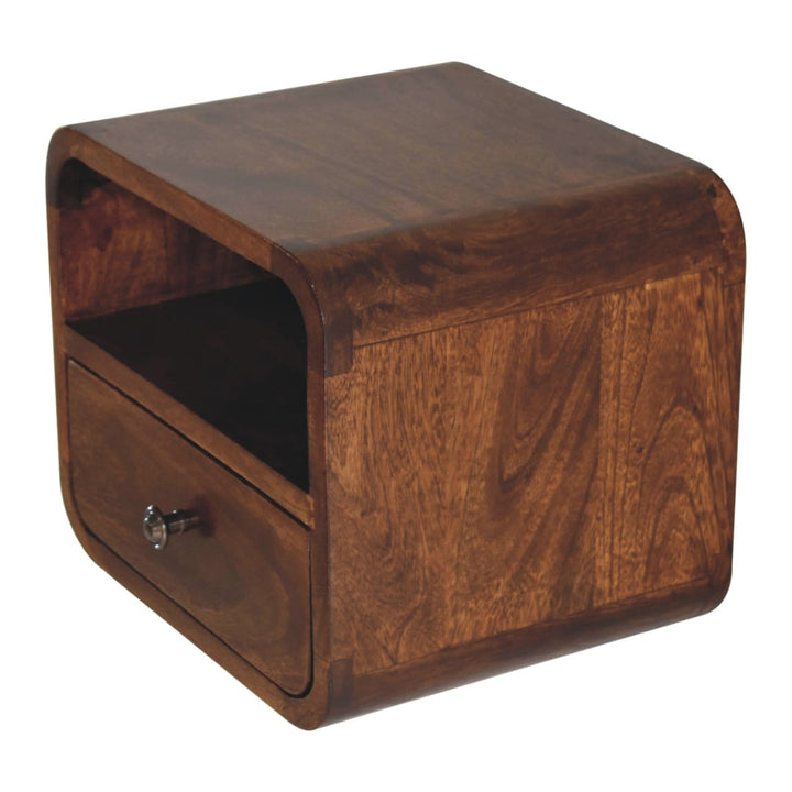 Handcrafted Extra Mini Wall Mounted Curved Chestnut Nightstand - Solid Mango Wood Bedside Table for Bedroom - product...
