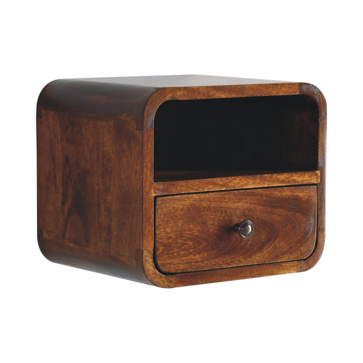 Handcrafted Extra Mini Wall Mounted Curved Chestnut Nightstand - Solid Mango Wood Bedside Table for Bedroom - product...