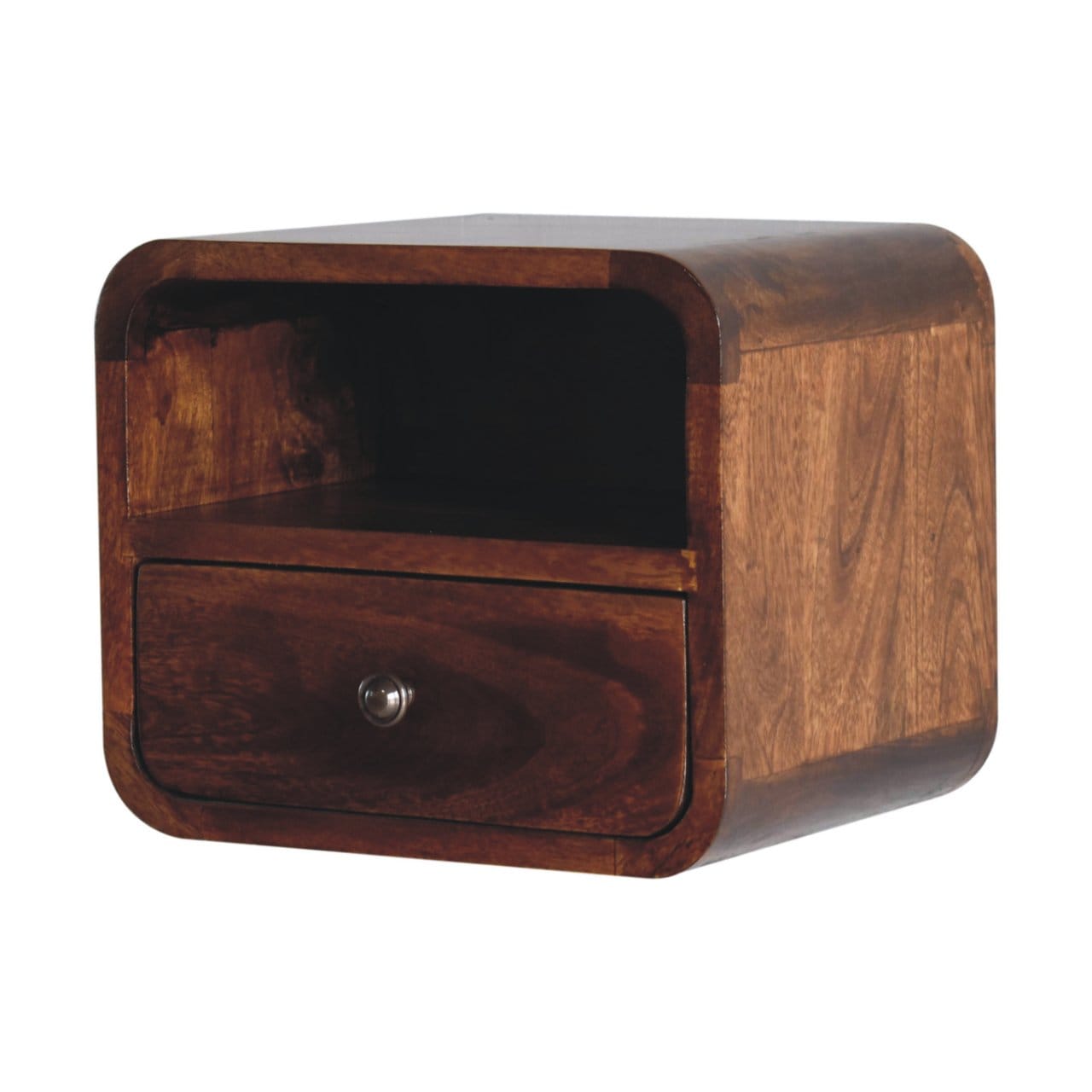Handcrafted Extra Mini Wall Mounted Curved Chestnut Nightstand - Solid Mango Wood Bedside Table for Bedroom - product...