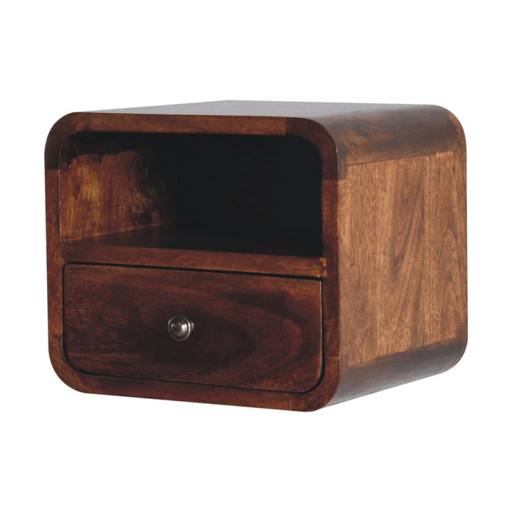 Handcrafted Extra Mini Wall Mounted Curved Chestnut Nightstand - Solid Mango Wood Bedside Table for Bedroom - product...