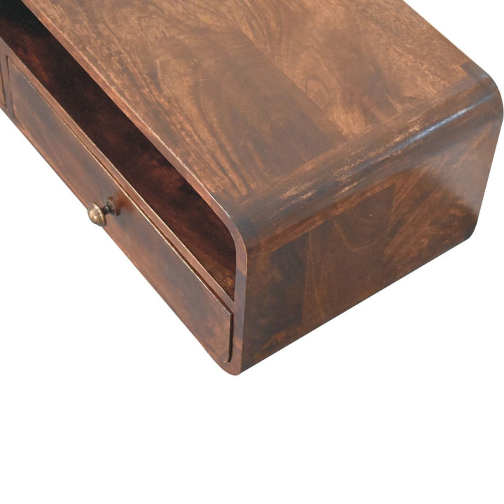 Handcrafted Floating California Walnut Open Console Table in Solid Mango Wood - product view 7 showing handcrafted solid...