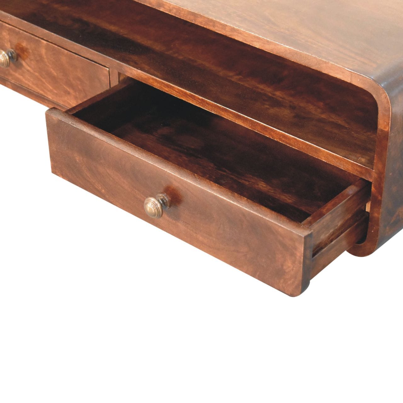Handcrafted Floating California Walnut Open Console Table in Solid Mango Wood - product view 6 showing handcrafted solid...