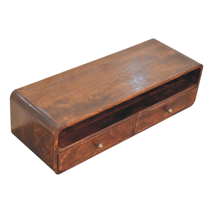 Handcrafted Floating California Walnut Open Console Table in Solid Mango Wood - product view 5 showing handcrafted solid...