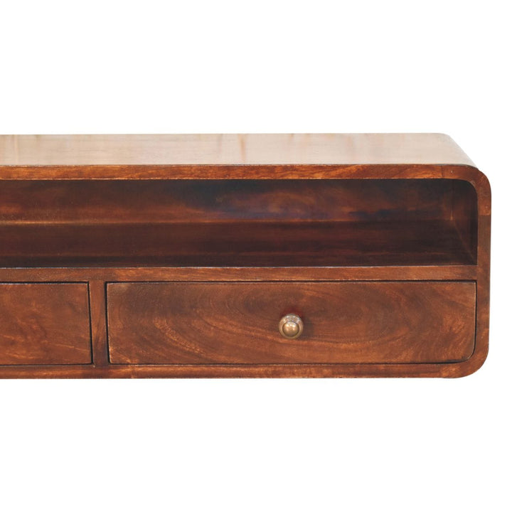 Handcrafted Floating California Walnut Open Console Table in Solid Mango Wood - product view 4 showing handcrafted solid...