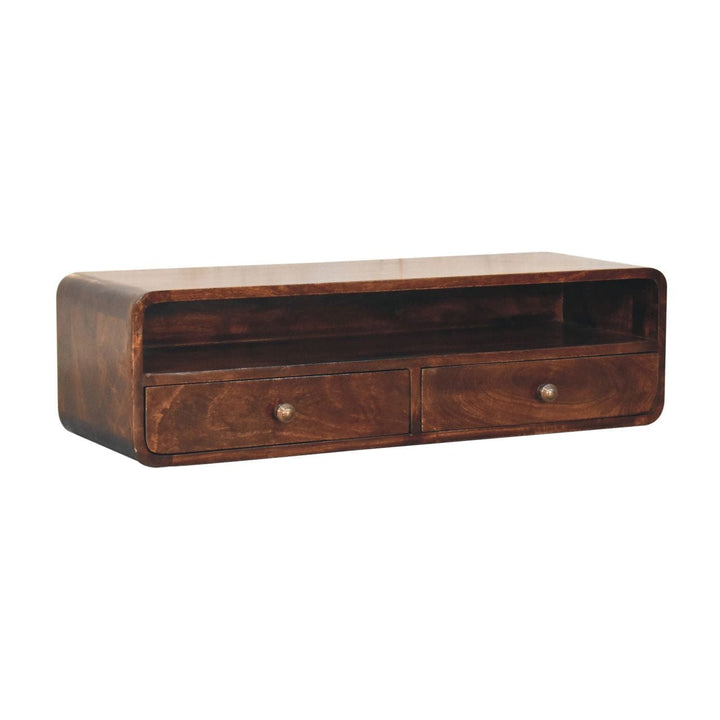 Handcrafted Floating California Walnut Open Console Table in Solid Mango Wood - product view 3 showing handcrafted solid...
