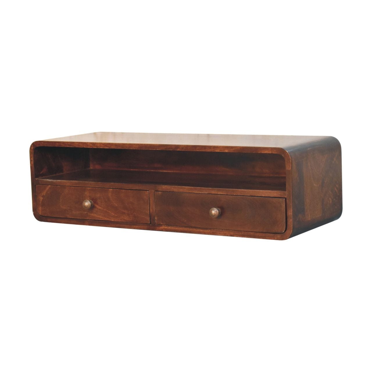 Handcrafted Floating California Walnut Open Console Table in Solid Mango Wood - product view 2 showing handcrafted solid...