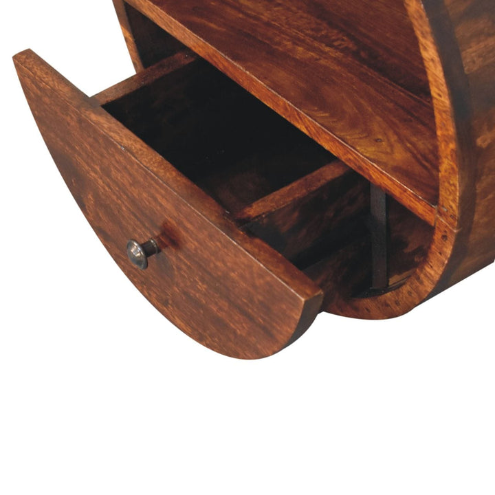 Handcrafted Floating Circle Chestnut Nightstand - Solid Mango Wood Bedside Table for Bedroom - product view 7 showing...