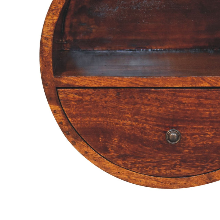 Handcrafted Floating Circle Chestnut Nightstand - Solid Mango Wood Bedside Table for Bedroom - product view 6 showing...