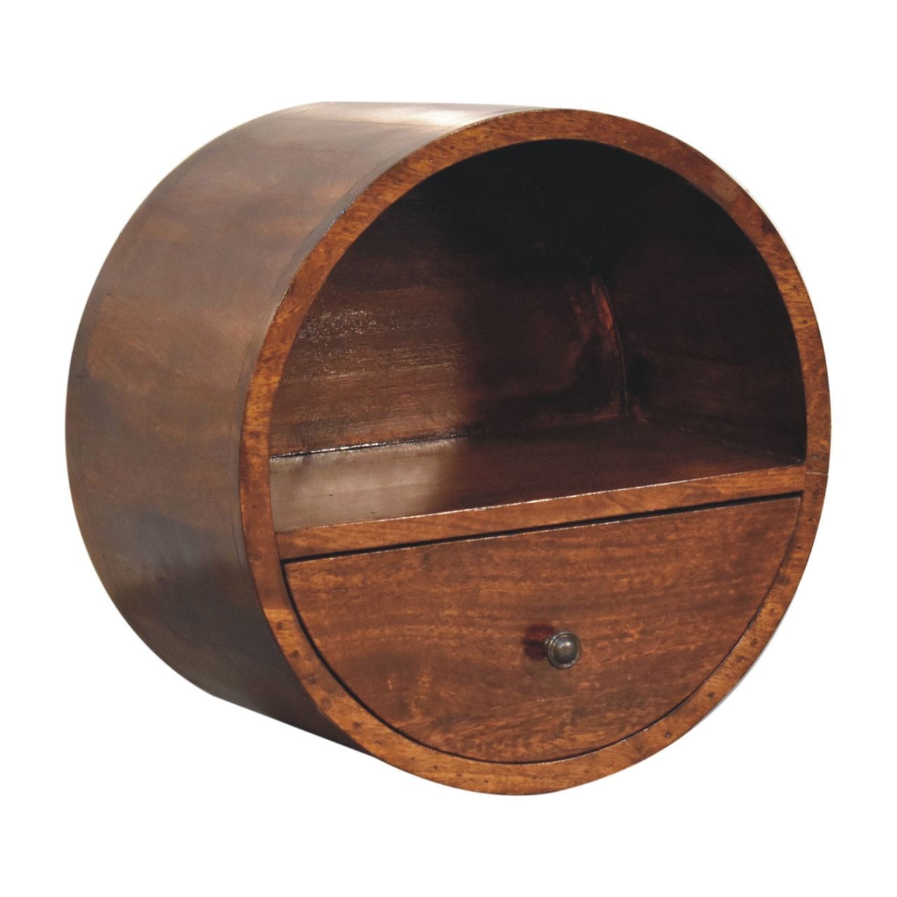 Handcrafted Floating Circle Chestnut Nightstand - Solid Mango Wood Bedside Table for Bedroom - product view 4 showing...