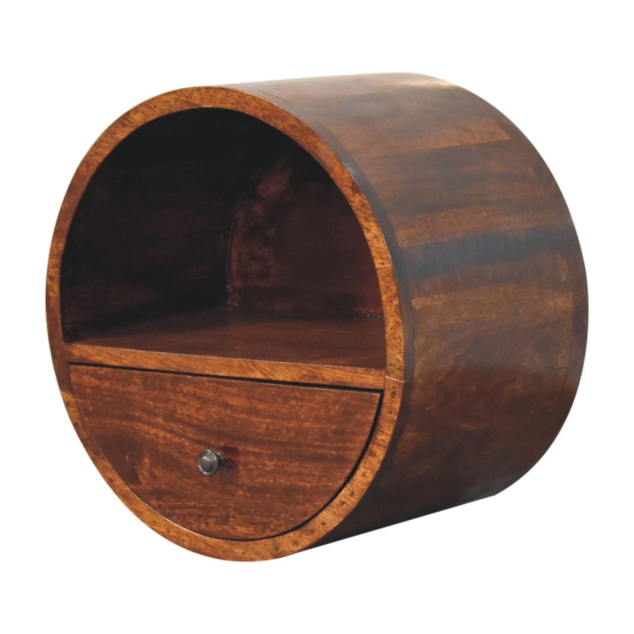 Handcrafted Floating Circle Chestnut Nightstand - Solid Mango Wood Bedside Table for Bedroom - product view 3 showing...