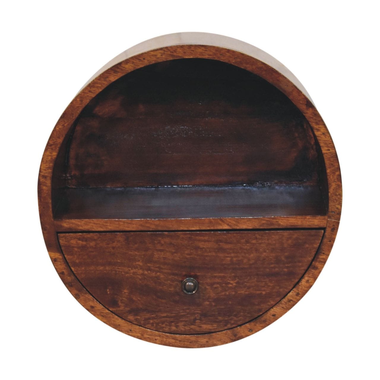 Handcrafted Floating Circle Chestnut Nightstand - Solid Mango Wood Bedside Table for Bedroom - product view 2 showing...