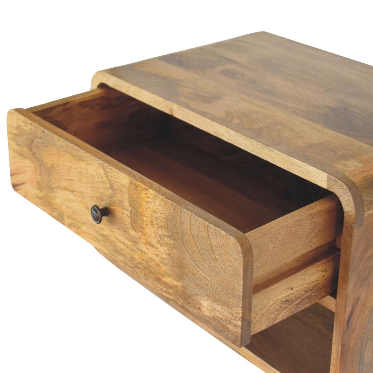 Handcrafted Floating Curve Open Slot Nightstand - Solid Mango Wood Bedside Table for Bedroom - product view 7 showing...