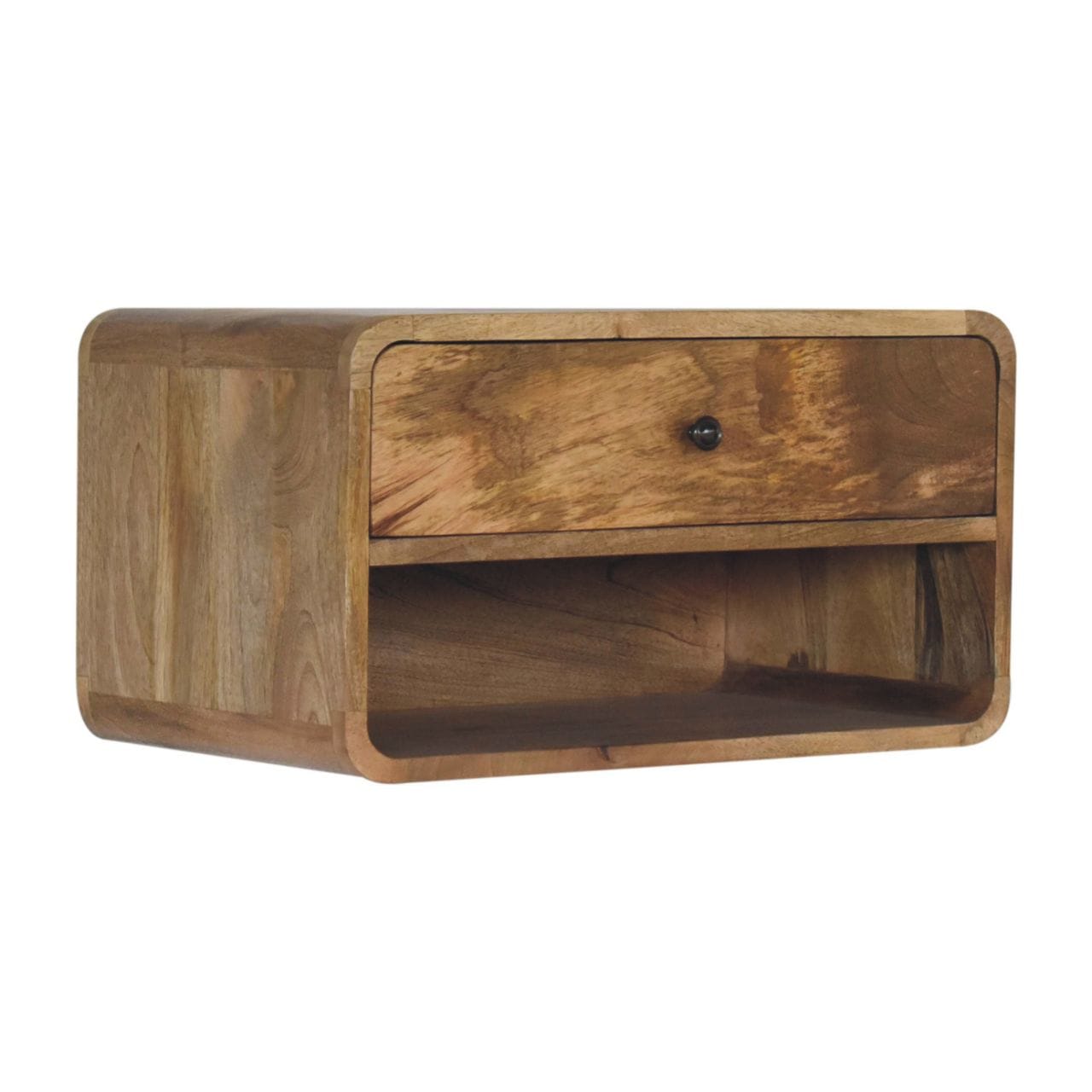 Handcrafted Floating Curve Open Slot Nightstand - Solid Mango Wood Bedside Table for Bedroom - product view 4 showing...