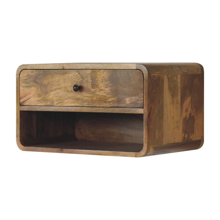 Handcrafted Floating Curve Open Slot Nightstand - Solid Mango Wood Bedside Table for Bedroom - product view 3 showing...