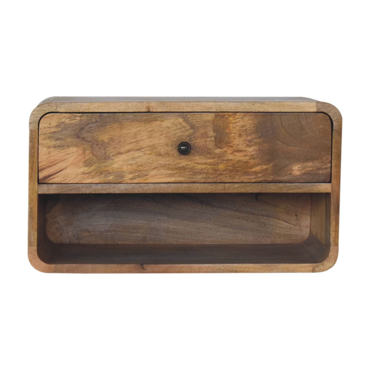 Handcrafted Floating Curve Open Slot Nightstand - Solid Mango Wood Bedside Table for Bedroom - product view 2 showing...
