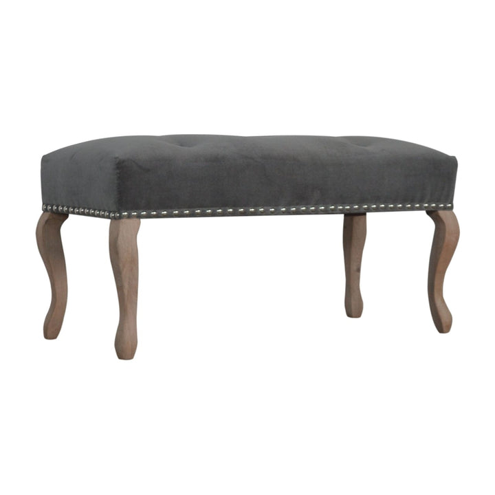 Handcrafted French Style Grey Velvet Bench - Solid Mango Wood Seating Furniture for Entryway - product view 3 showing...