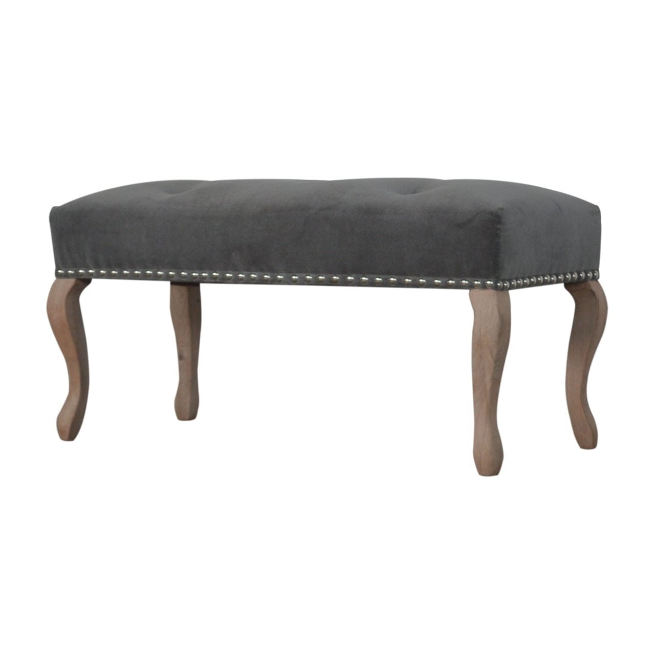 Handcrafted French Style Grey Velvet Bench - Solid Mango Wood Seating Furniture for Entryway - product view 2 showing...