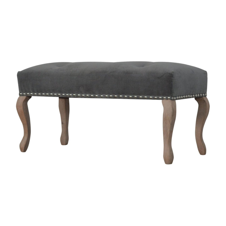 Handcrafted French Style Grey Velvet Bench - Solid Mango Wood Seating Furniture for Entryway - product view 2 showing...