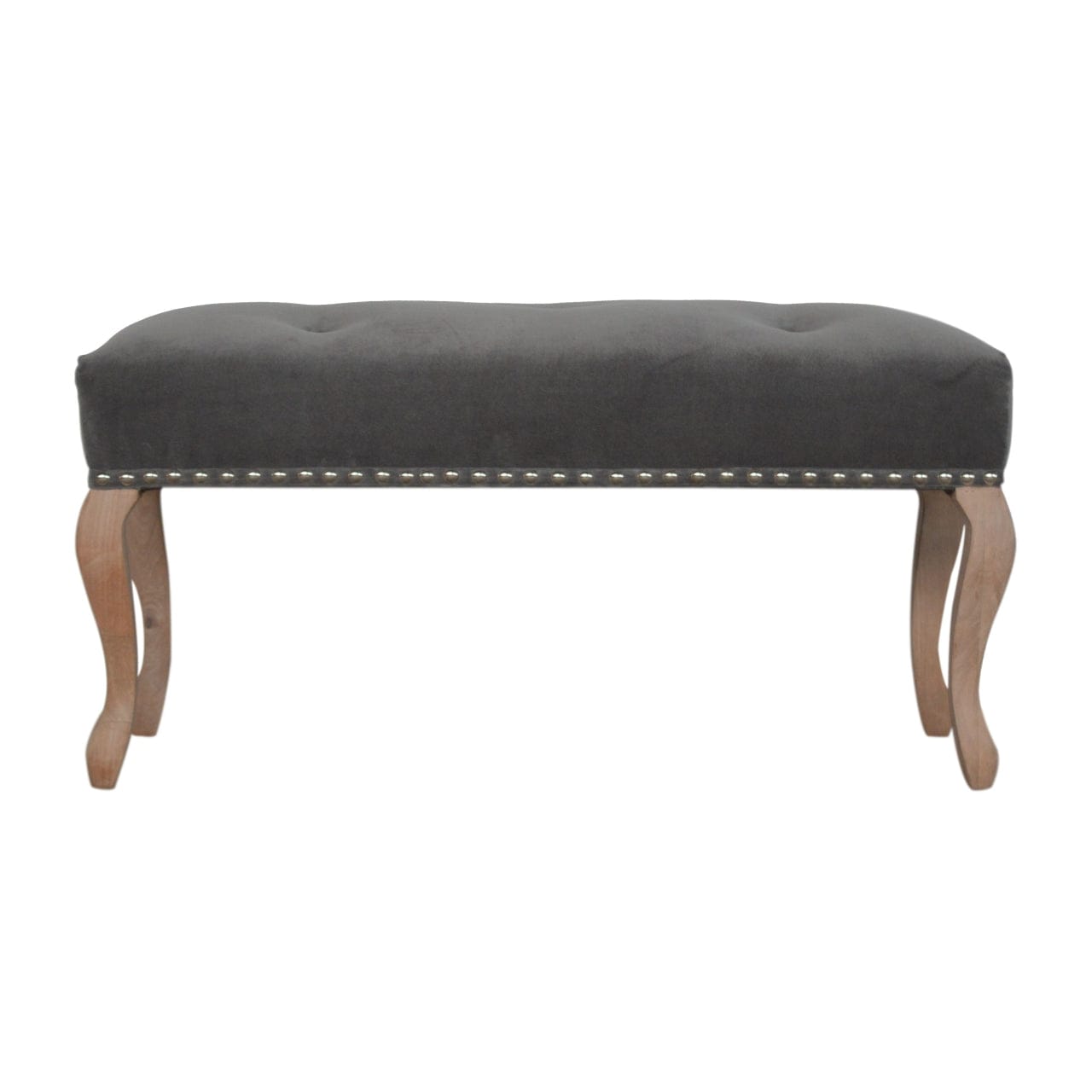 Handcrafted French Style Grey Velvet Bench - Solid Mango Wood Seating Furniture for Entryway - main view showing...