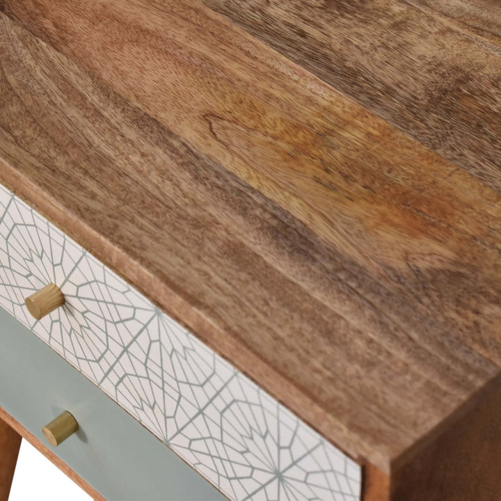 Handcrafted Green Patterned Nightstand - Solid Mango Wood Bedside Table for Bedroom - product view 5 showing handcrafted...