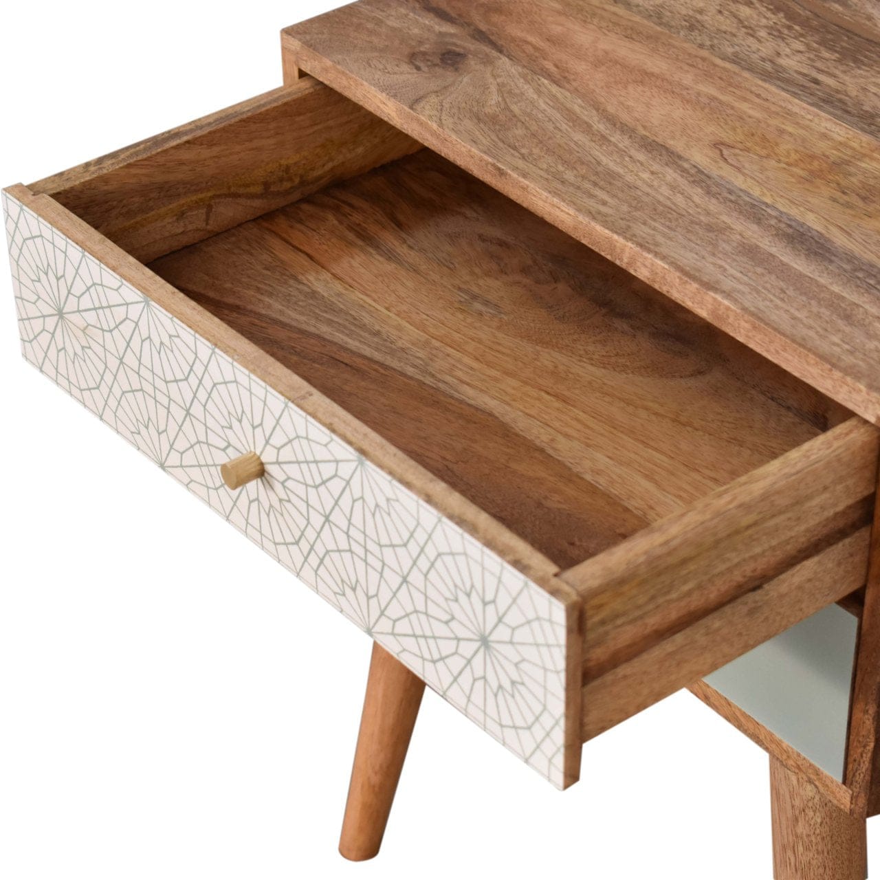 Handcrafted Green Patterned Nightstand - Solid Mango Wood Bedside Table for Bedroom - product view 4 showing handcrafted...