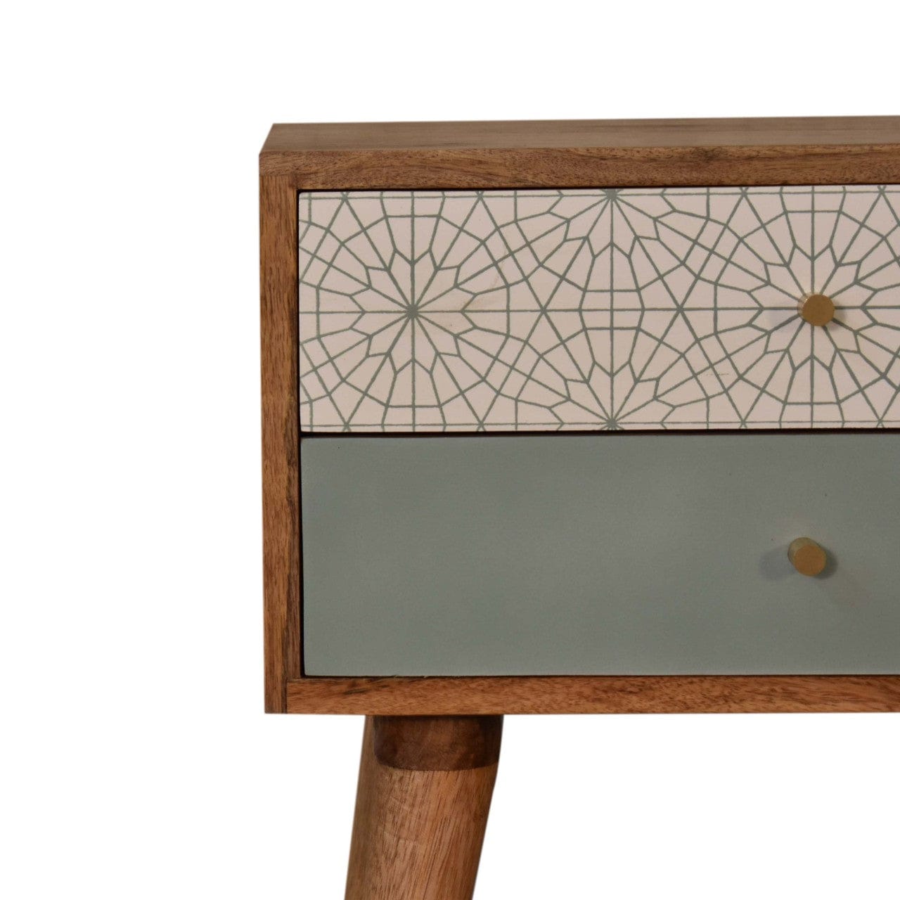 Handcrafted Green Patterned Nightstand - Solid Mango Wood Bedside Table for Bedroom - product view 3 showing handcrafted...