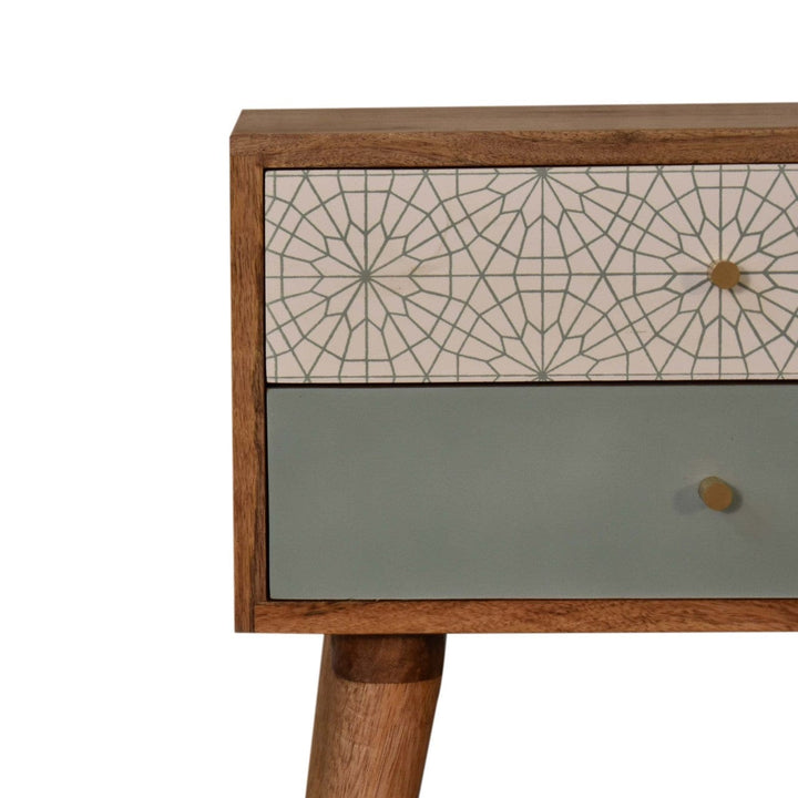 Handcrafted Green Patterned Nightstand - Solid Mango Wood Bedside Table for Bedroom - product view 3 showing handcrafted...