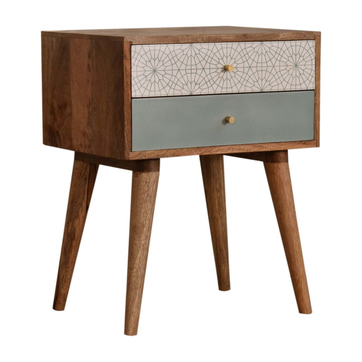 Handcrafted Green Patterned Nightstand - Solid Mango Wood Bedside Table for Bedroom - product view 2 showing handcrafted...