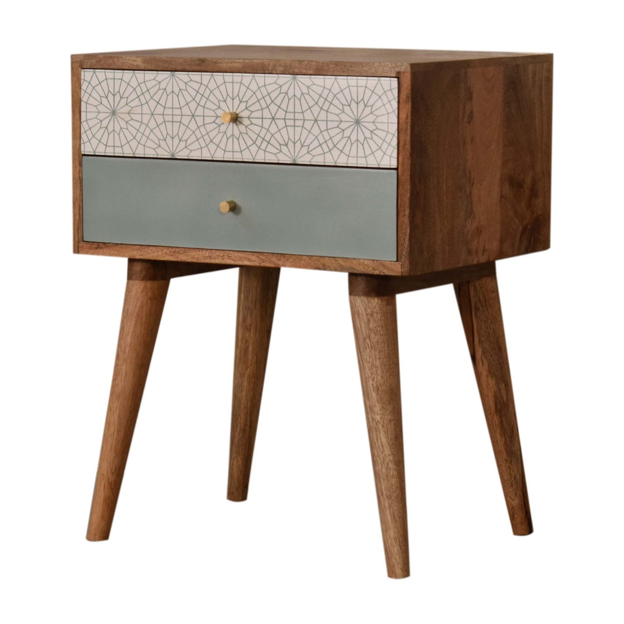 Handcrafted Green Patterned Nightstand - Solid Mango Wood Bedside Table for Bedroom - main view showing handcrafted solid...
