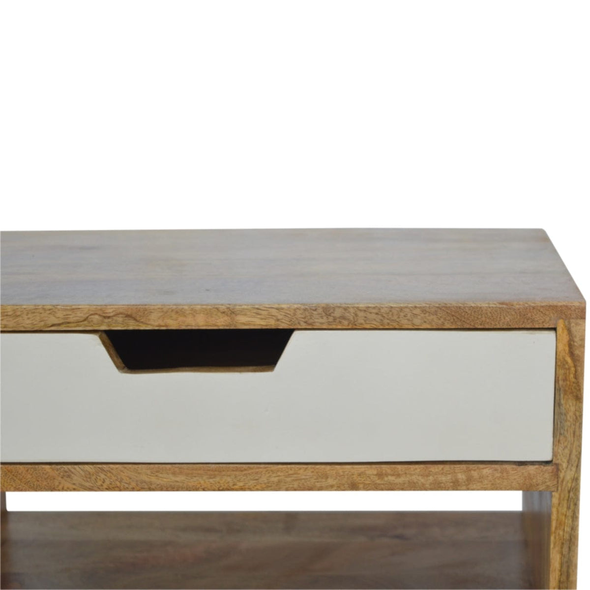 Handcrafted Grey and White Cut-out Nightstand - Solid Mango Wood Bedside Table for Bedroom - product view 6 showing...
