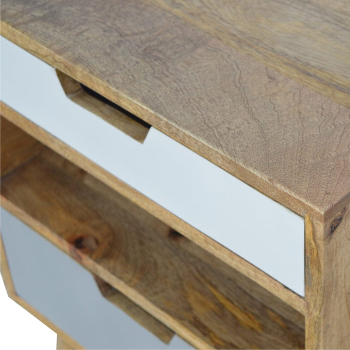 Handcrafted Grey and White Cut-out Nightstand - Solid Mango Wood Bedside Table for Bedroom - product view 4 showing...