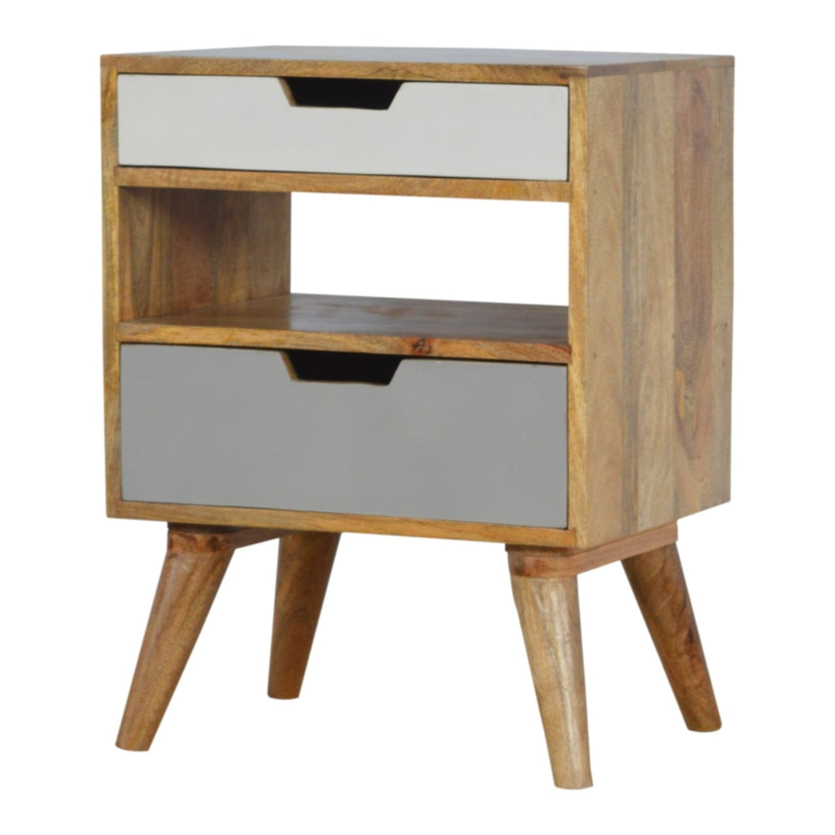 Handcrafted Grey and White Cut-out Nightstand - Solid Mango Wood Bedside Table for Bedroom - product view 3 showing...