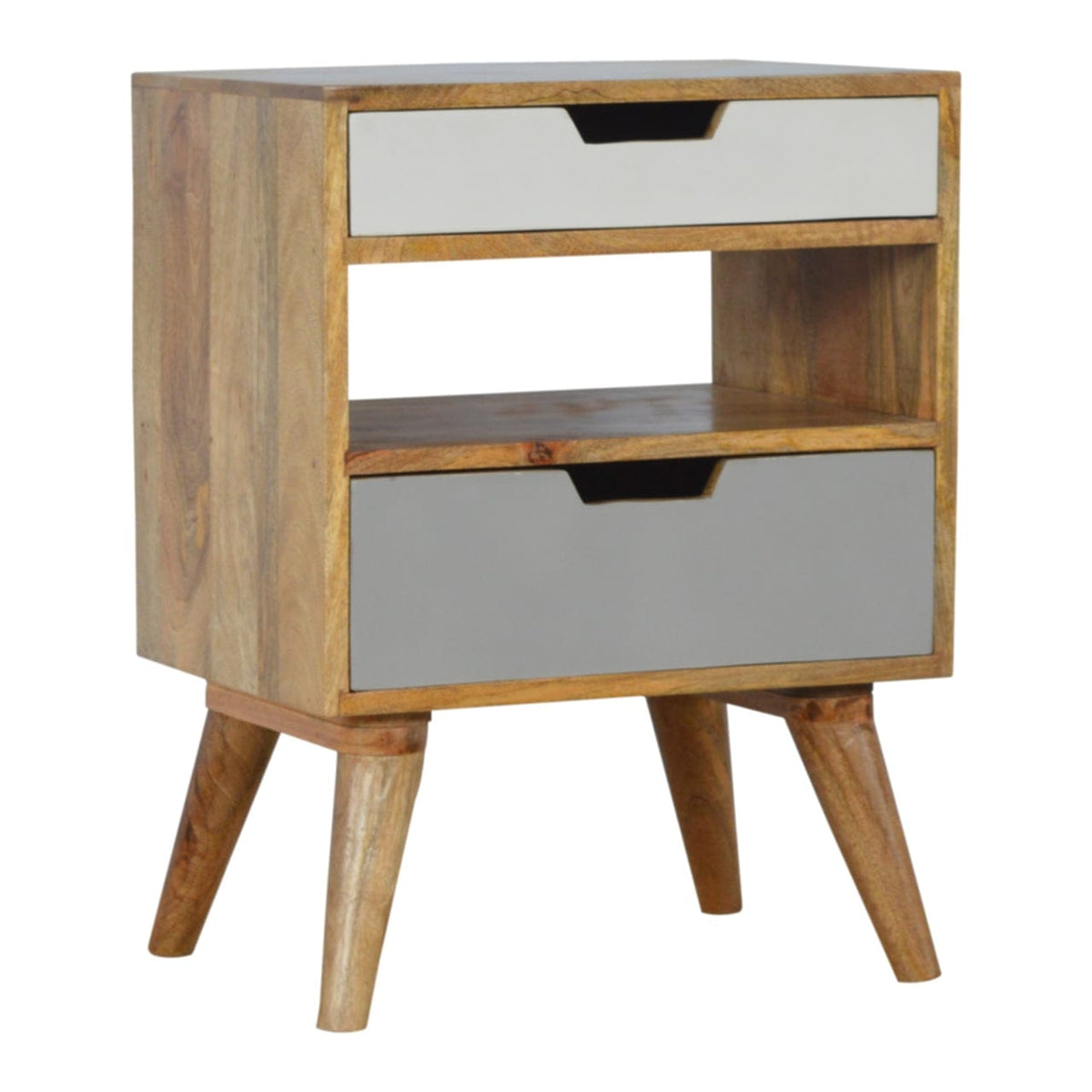 Handcrafted Grey and White Cut-out Nightstand - Solid Mango Wood Bedside Table for Bedroom - product view 2 showing...
