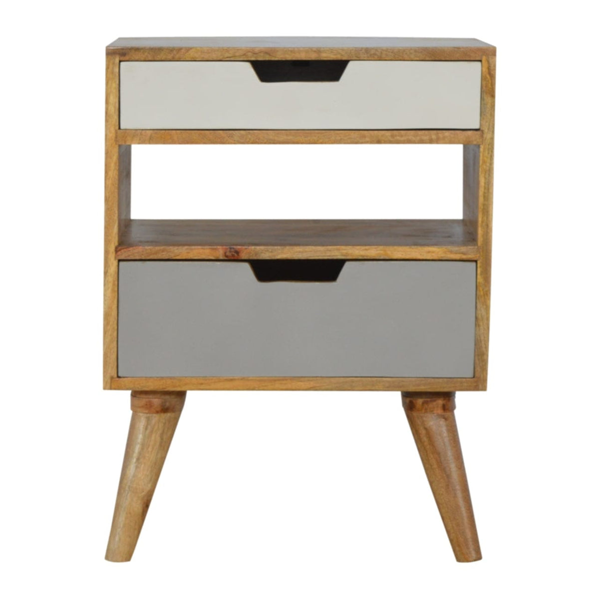 Handcrafted Grey and White Cut-out Nightstand - Solid Mango Wood Bedside Table for Bedroom - main view showing...