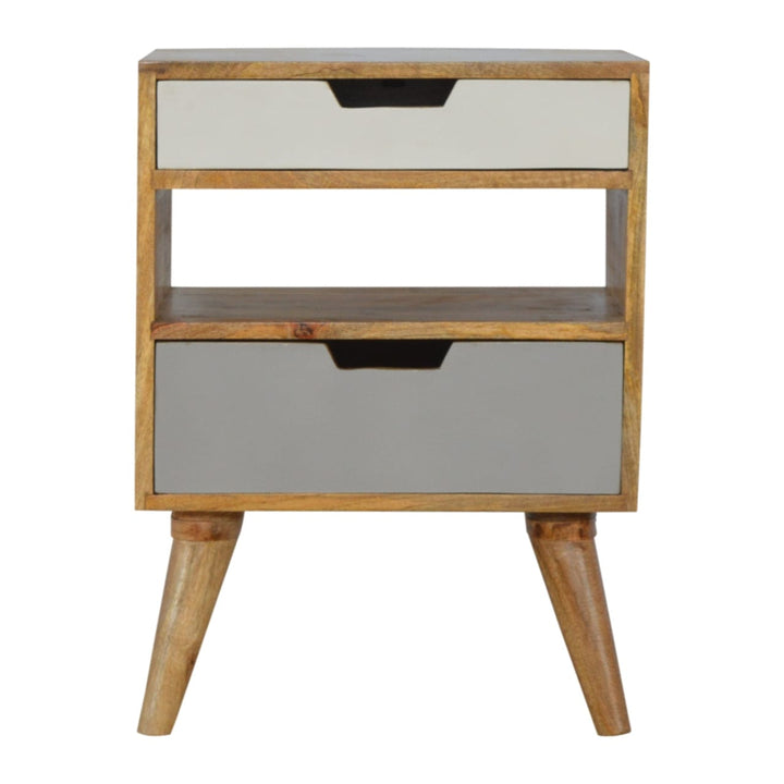 Handcrafted Grey and White Cut-out Nightstand - Solid Mango Wood Bedside Table for Bedroom - main view showing...