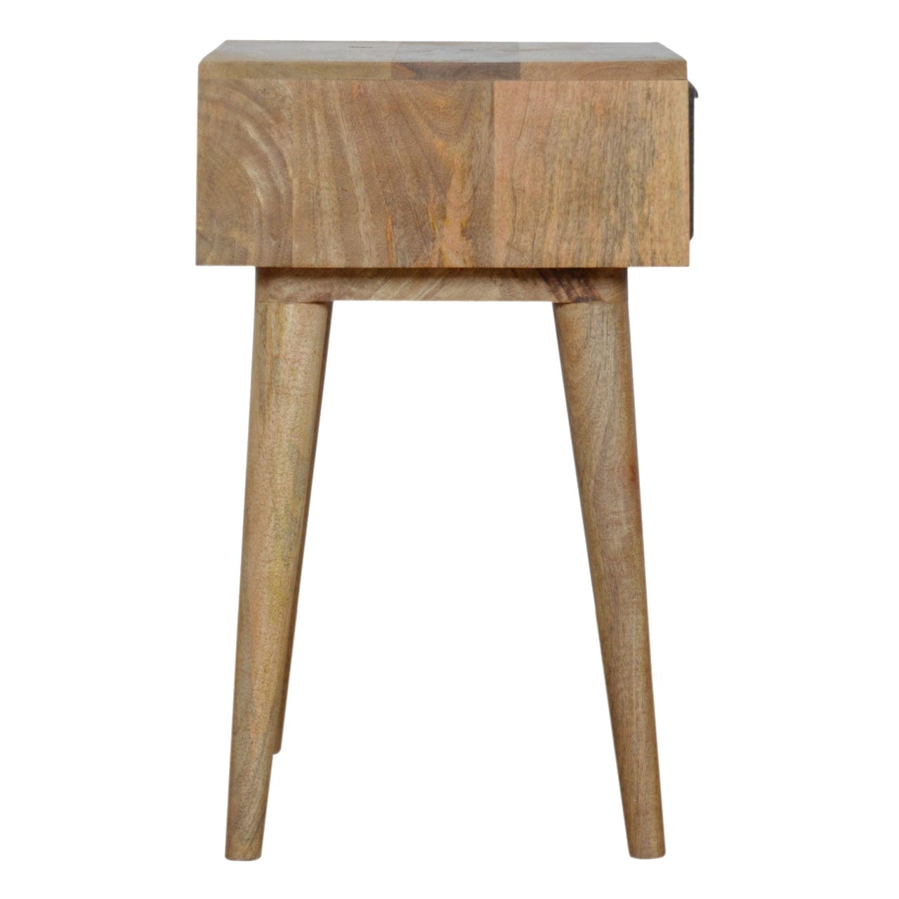 Handcrafted Grey Tweed Nightstand - Solid Mango Wood Bedside Table for Bedroom - product view 7 showing handcrafted solid...