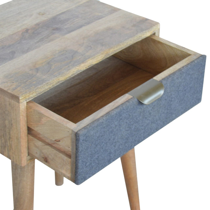 Handcrafted Grey Tweed Nightstand - Solid Mango Wood Bedside Table for Bedroom - product view 5 showing handcrafted solid...