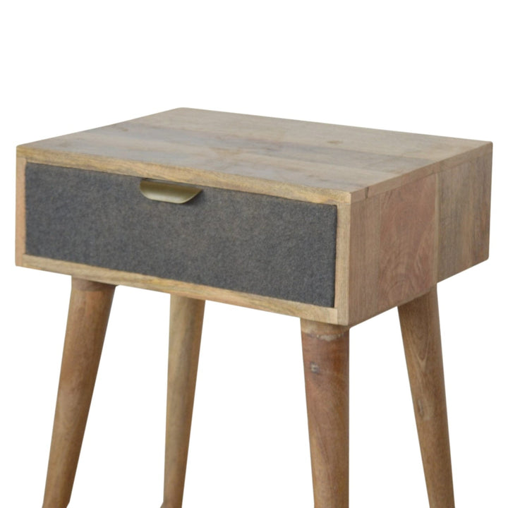 Handcrafted Grey Tweed Nightstand - Solid Mango Wood Bedside Table for Bedroom - product view 2 showing handcrafted solid...