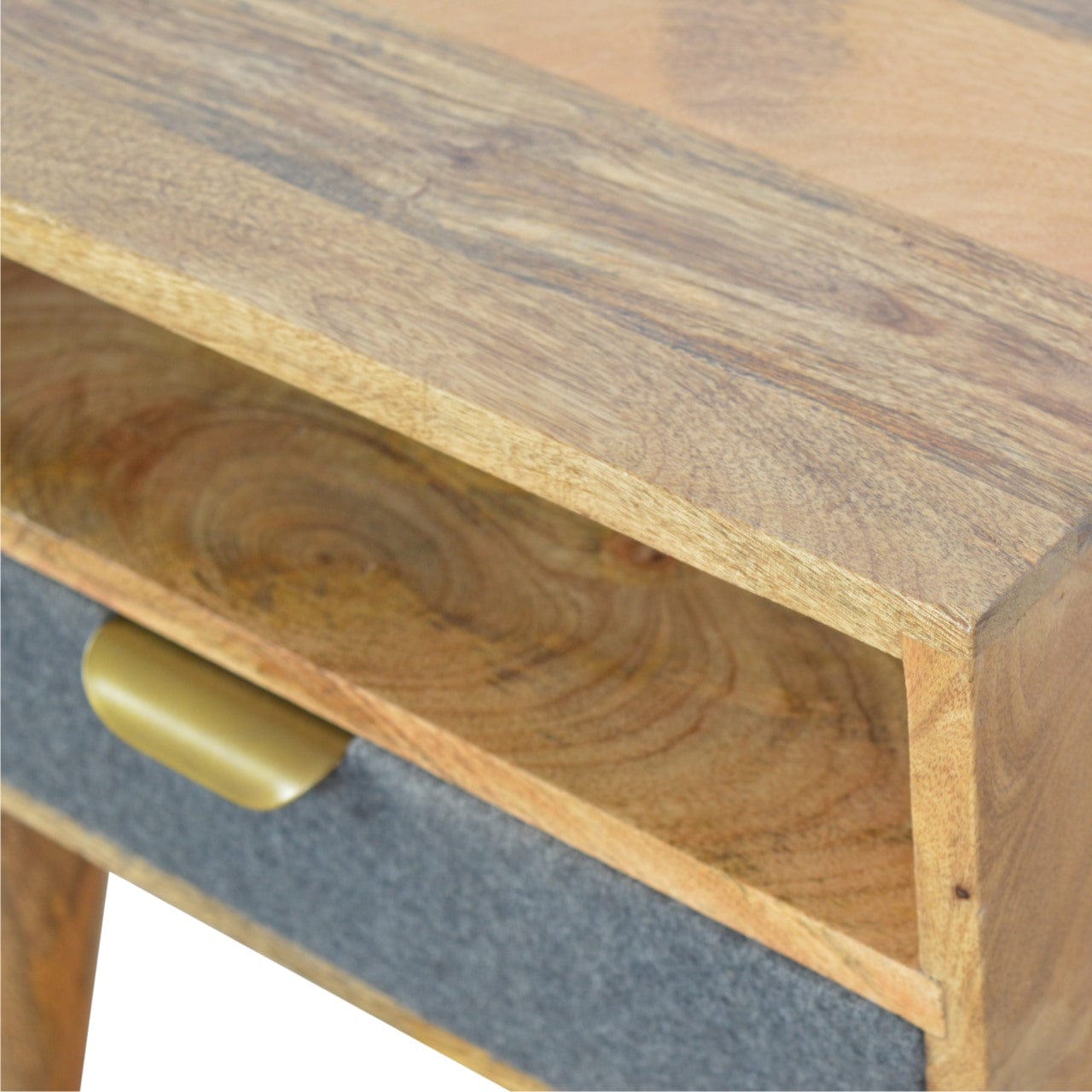 Handcrafted Grey Tweed Nightstand - Solid Mango Wood Bedside Table for Bedroom - product view 7 showing handcrafted solid...