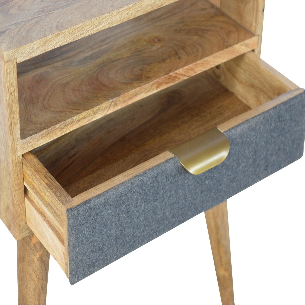 Handcrafted Grey Tweed Nightstand - Solid Mango Wood Bedside Table for Bedroom - product view 6 showing handcrafted solid...