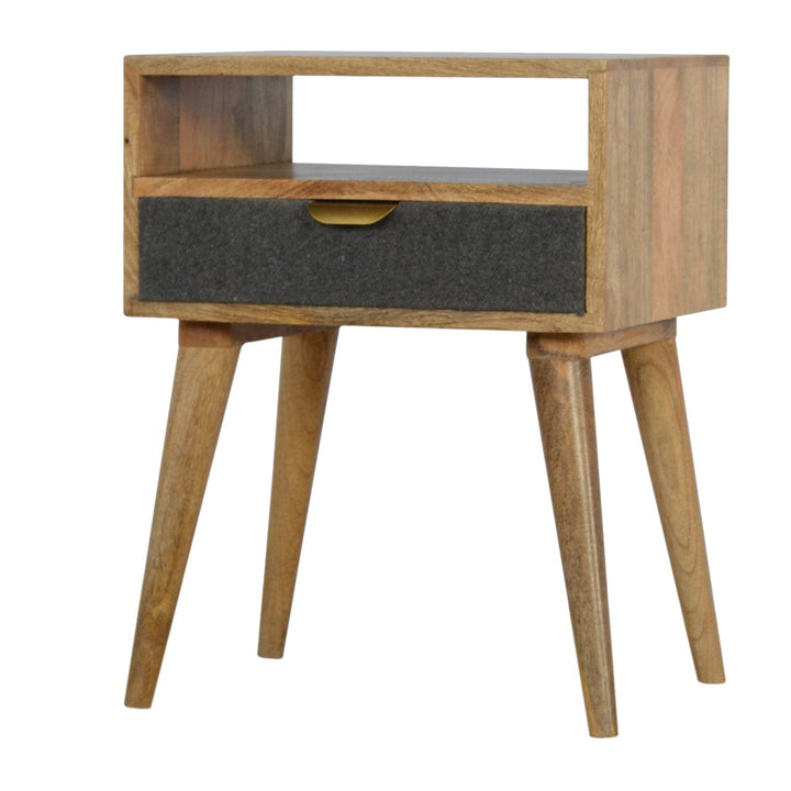 Handcrafted Grey Tweed Nightstand - Solid Mango Wood Bedside Table for Bedroom - product view 4 showing handcrafted solid...