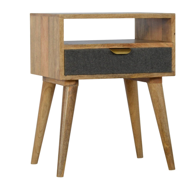 Handcrafted Grey Tweed Nightstand - Solid Mango Wood Bedside Table for Bedroom - product view 2 showing handcrafted solid...