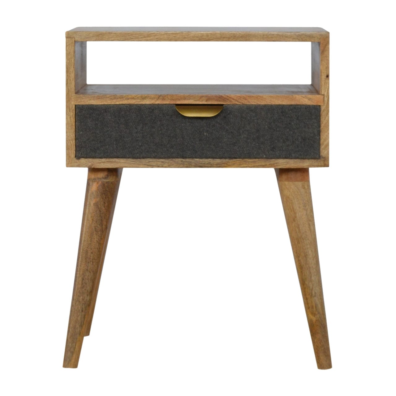 Handcrafted Grey Tweed Nightstand - Solid Mango Wood Bedside Table for Bedroom - main view showing handcrafted solid...