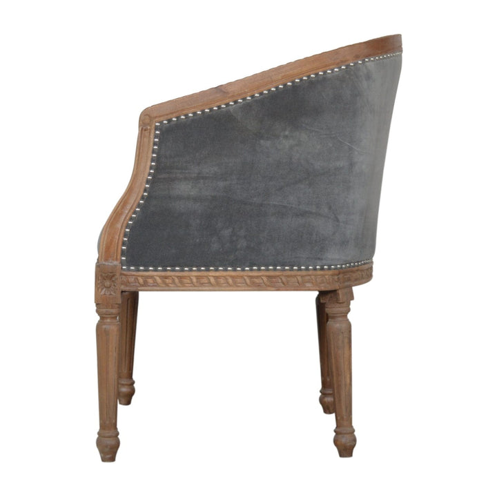 Handcrafted Grey Velvet Occasional Chair in Solid Mango Wood - product view 8 showing handcrafted solid mango wood chair