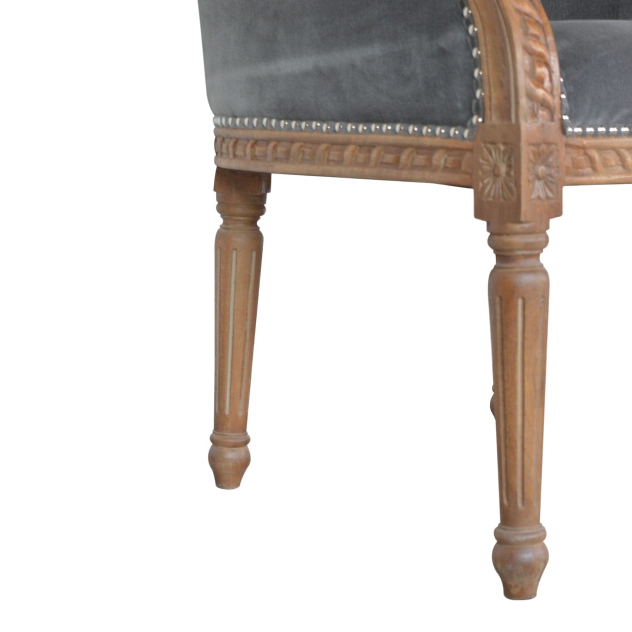 Handcrafted Grey Velvet Occasional Chair in Solid Mango Wood - product view 7 showing handcrafted solid mango wood chair