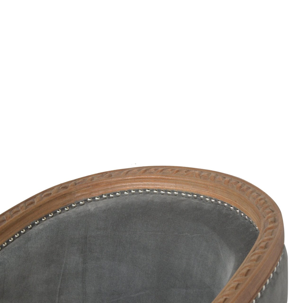 Handcrafted Grey Velvet Occasional Chair in Solid Mango Wood - product view 6 showing handcrafted solid mango wood chair