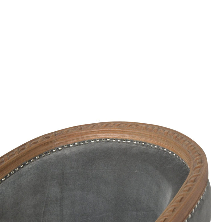 Handcrafted Grey Velvet Occasional Chair in Solid Mango Wood - product view 6 showing handcrafted solid mango wood chair