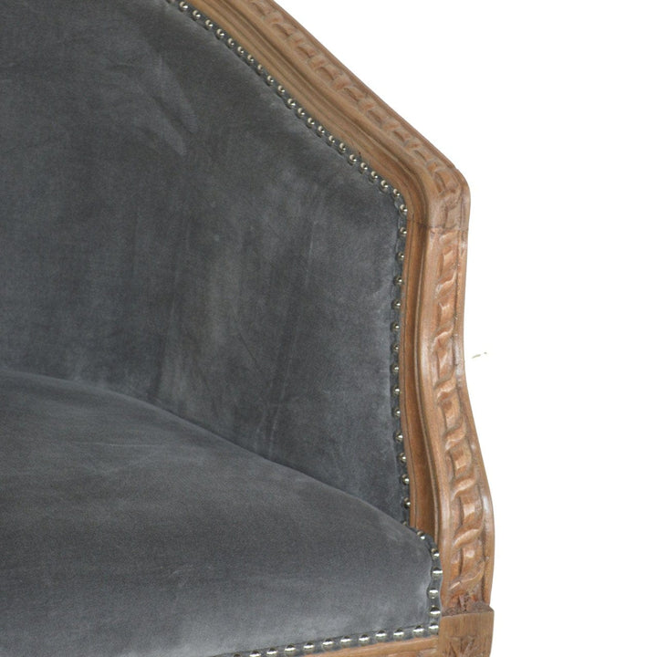 Handcrafted Grey Velvet Occasional Chair in Solid Mango Wood - product view 5 showing handcrafted solid mango wood chair