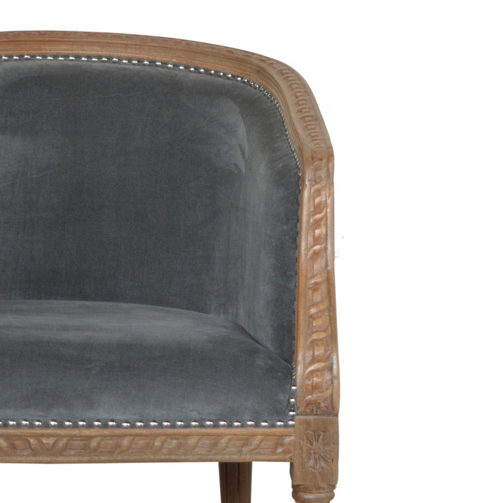 Handcrafted Grey Velvet Occasional Chair in Solid Mango Wood - product view 4 showing handcrafted solid mango wood chair